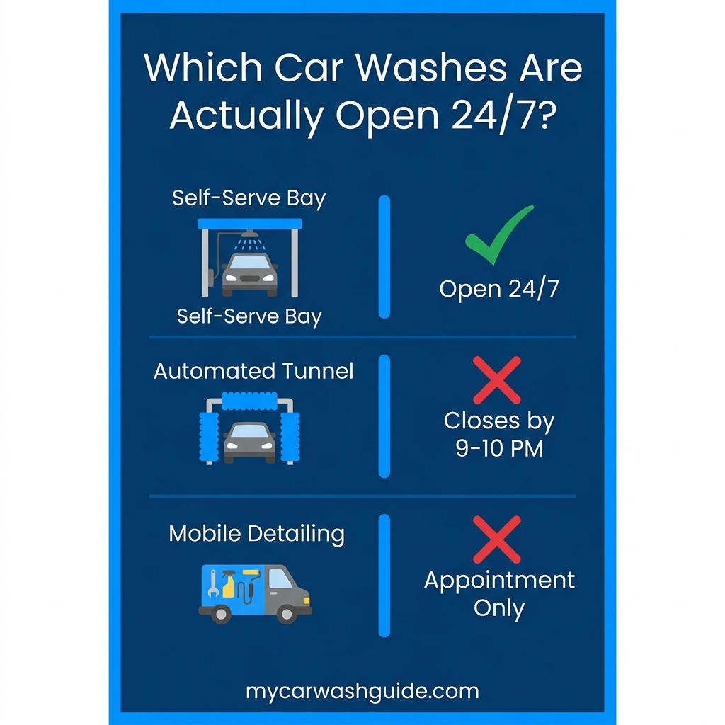 infographic showing which car wash types are actually open 24 hours including self-serve tunnels and mobile detailing