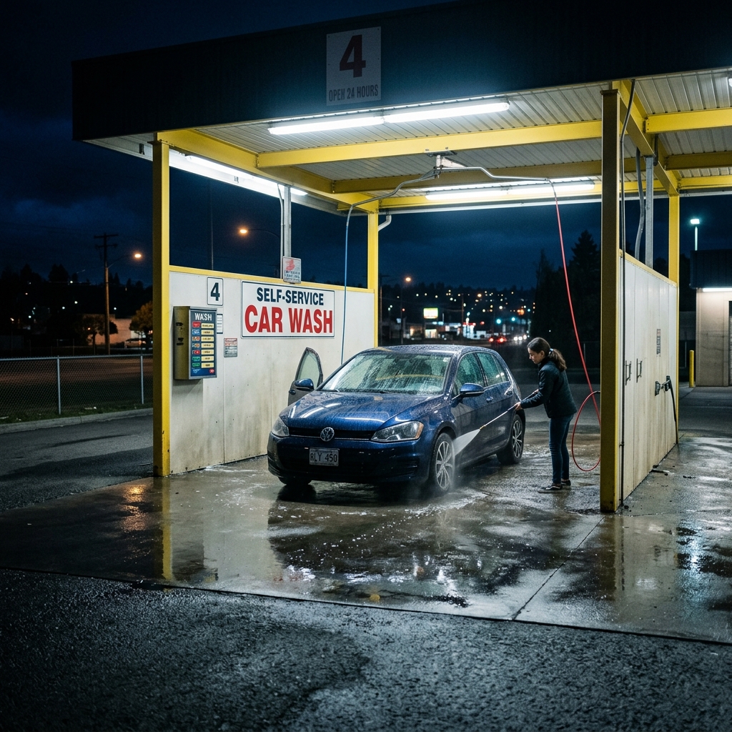 A brightly lit self-service car wash bay at night with a car inside, wet concrete reflecting overhead lights and dark surroundings.