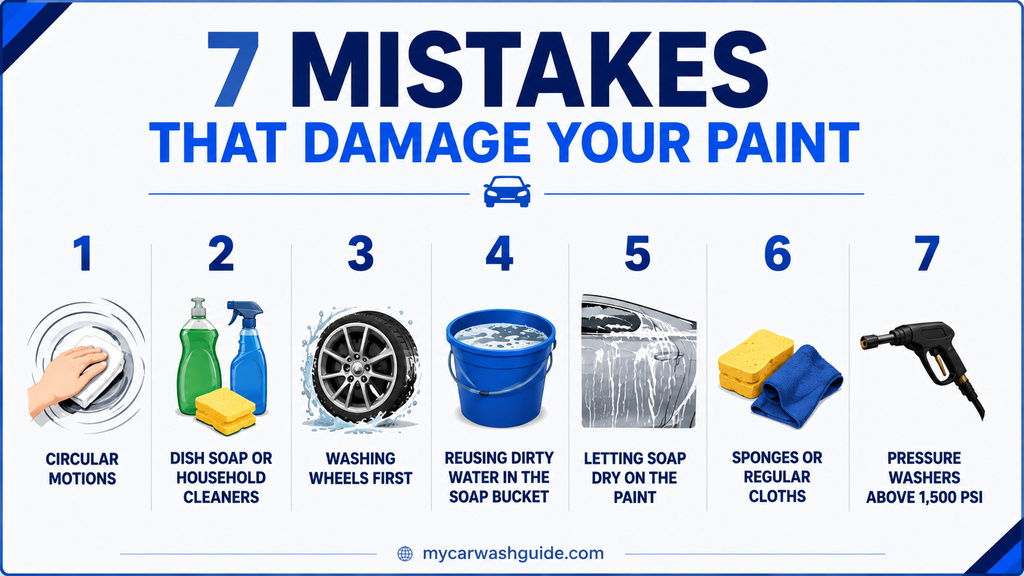 Infographic showing seven car-washing mistakes that can damage paint.