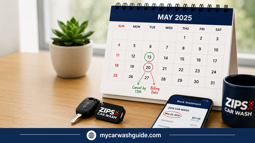Realistic ZIPS cancellation deadline scene with a calendar, billing date, and bank statement.