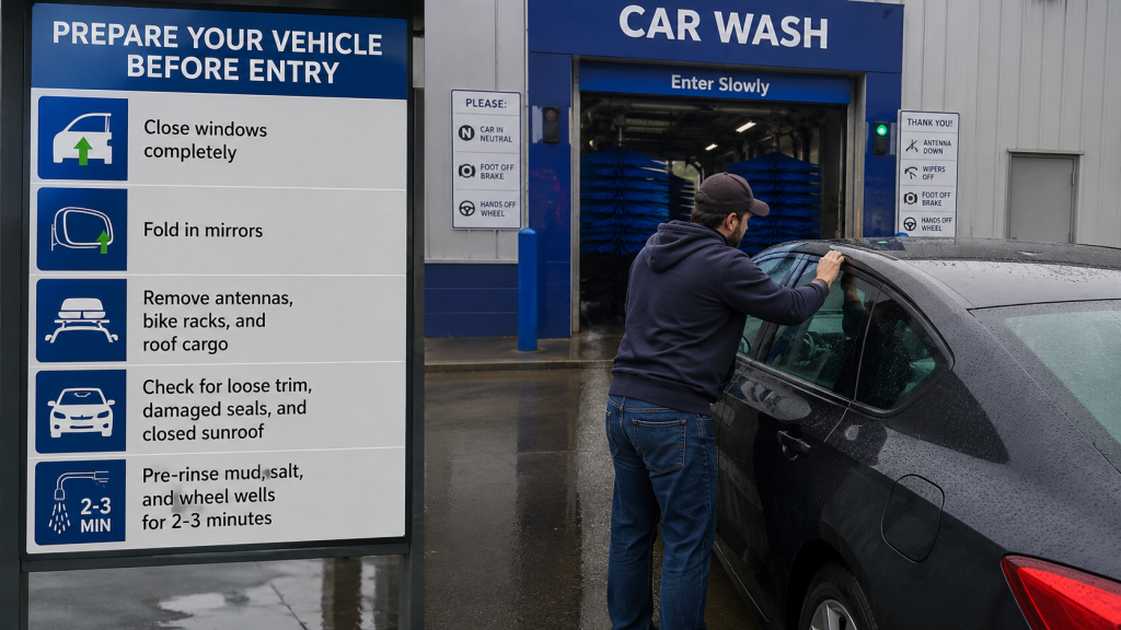 Realistic car being prepared before entering a car wash.