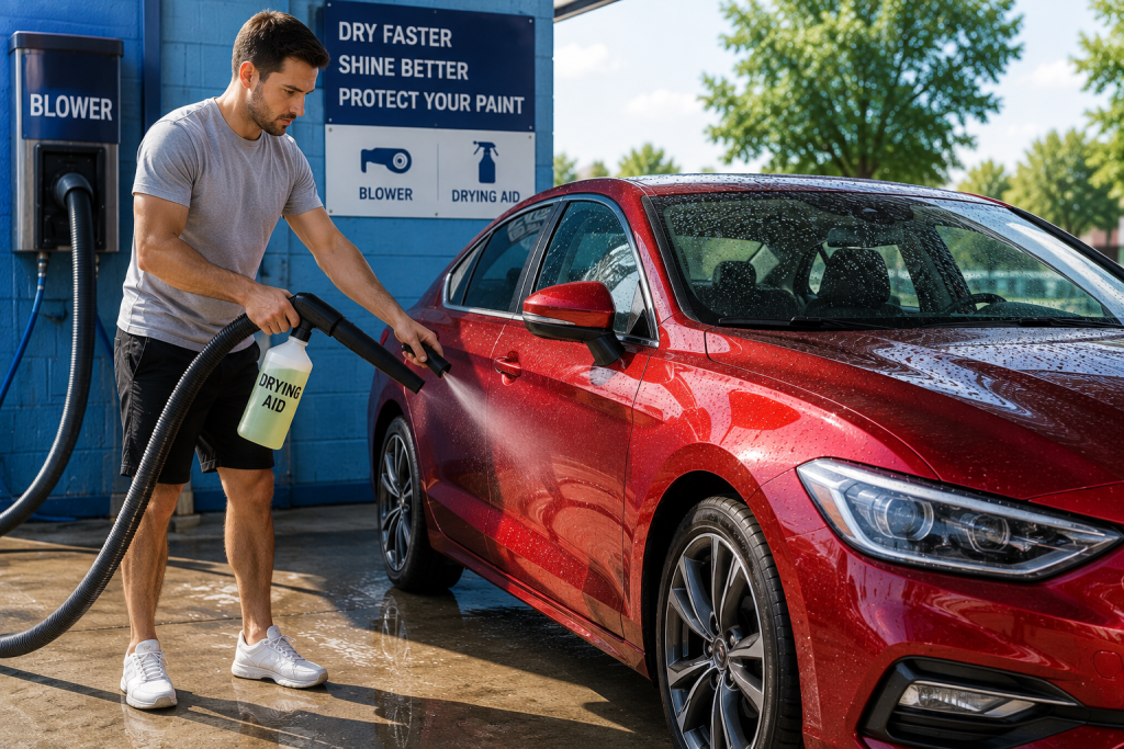 Man using a blower and drying aid to dry a wet car.