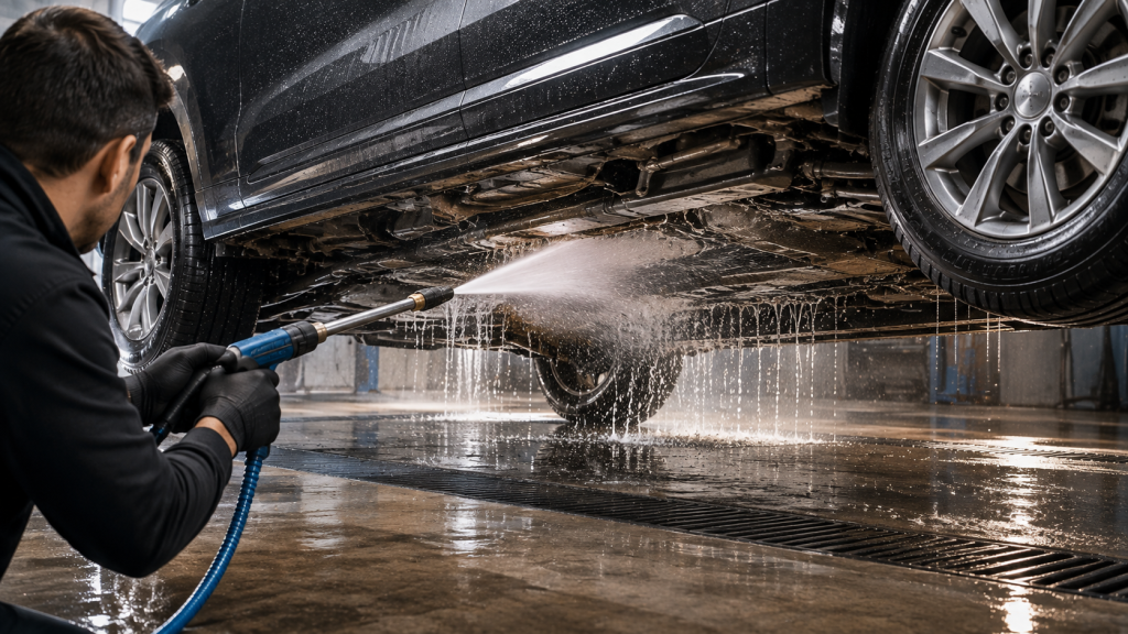 Man pressure-washing a car’s undercarriage in a wash bay.