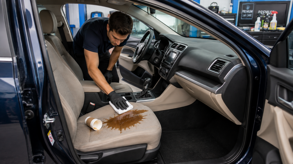 Person cleaning a coffee stain from a car seat.