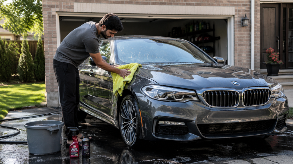 Man drying a wet car at home with a microfiber towel.