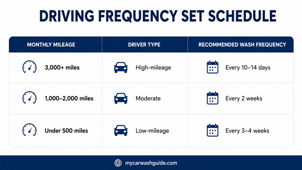 Driving frequency wash schedule based on monthly mileage.