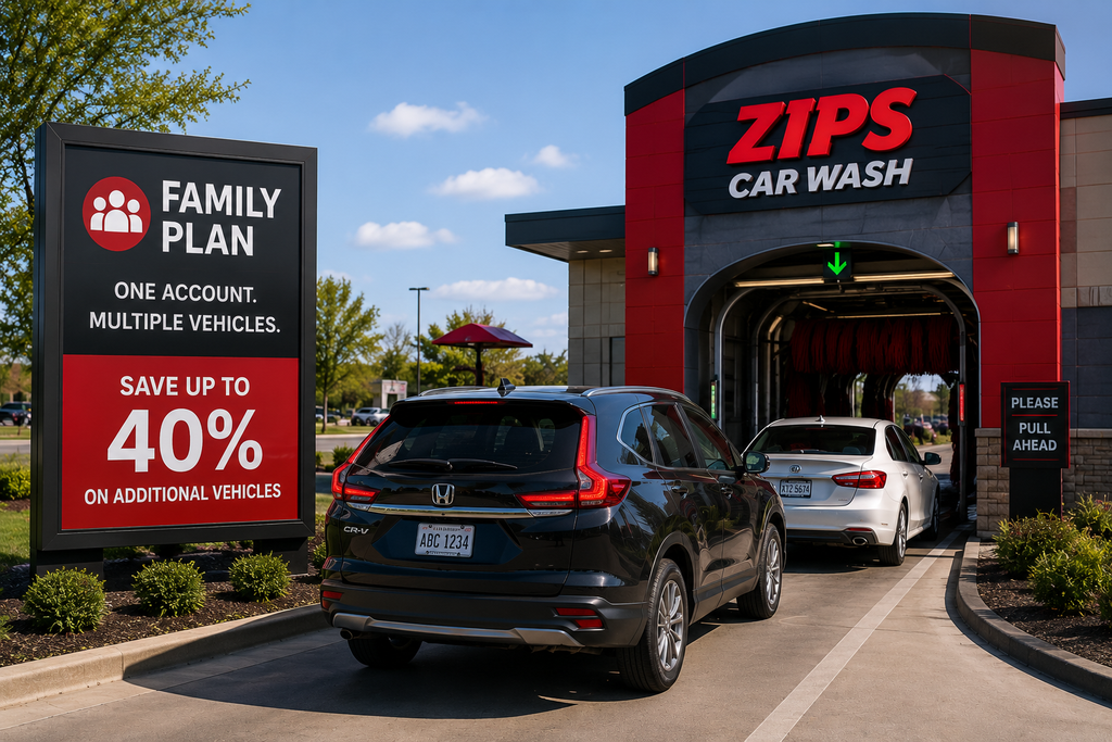 ZIPS Family Plan sign with multiple vehicles at a car wash.