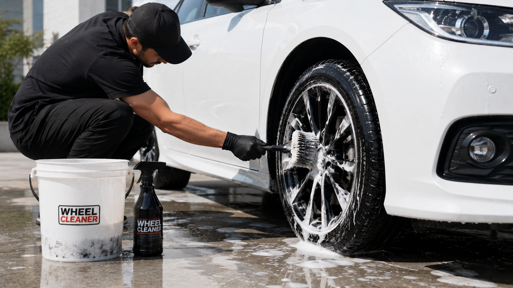Man cleaning a white car’s wheel with a detailing brush.
