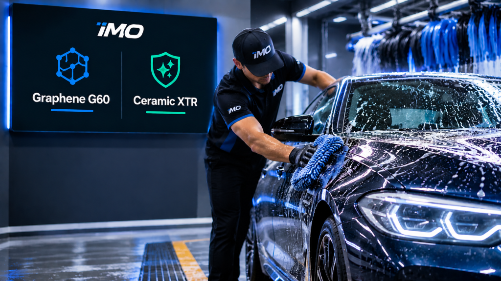Premium car wash worker cleaning a foam-covered black car, with Graphene G60 and Ceramic XTR signage.
