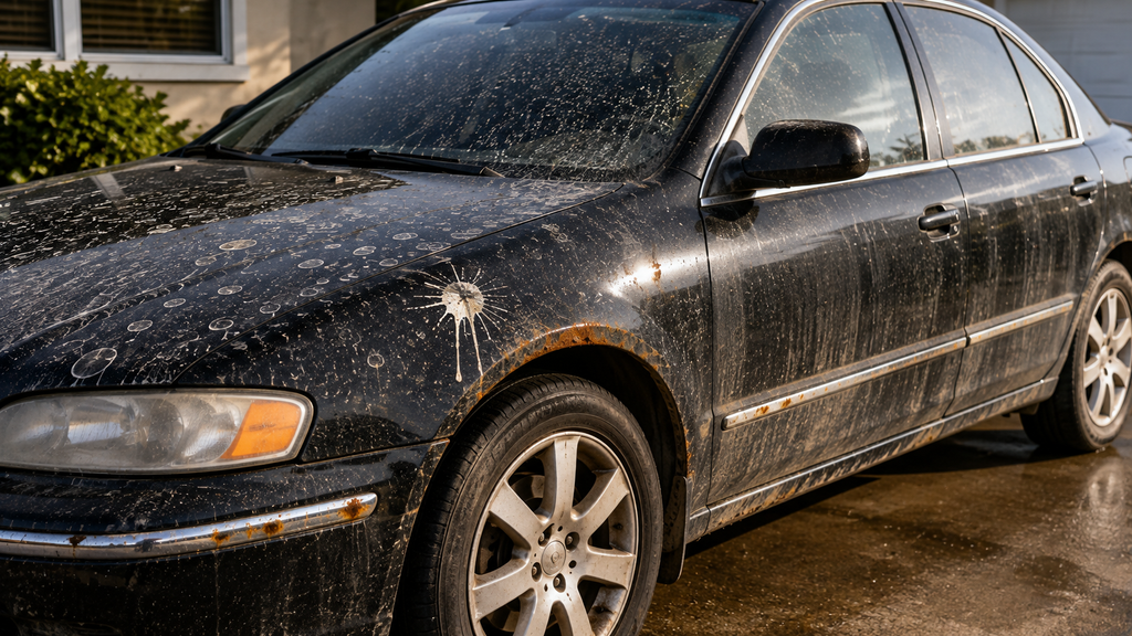 Dirty car showing water spots, bird droppings, rust, and dull paint.