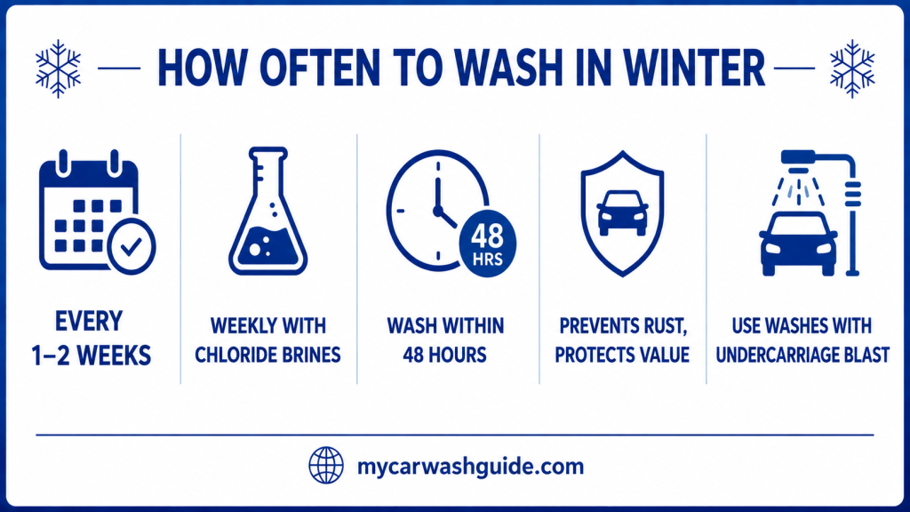 Winter car wash schedule infographic showing 1–2 week washing, 48-hour washing after salt, and rust prevention.