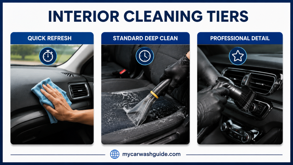 Interior cleaning tiers infographic showing quick refresh, standard deep clean, and professional detail with realistic car-cleaning images.