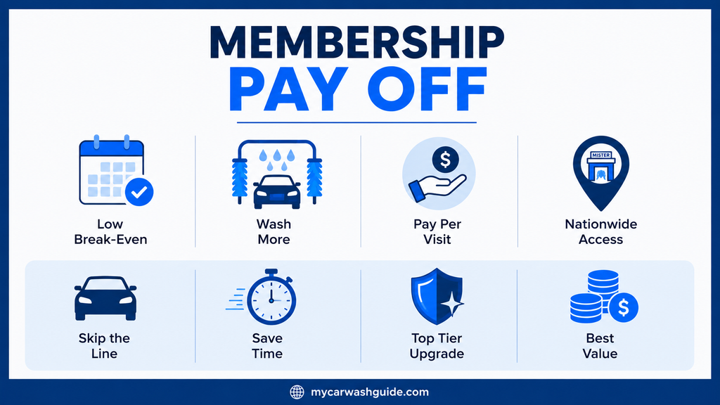 Mister Car Wash membership value infographic showing break-even, savings, nationwide access, and perks.
