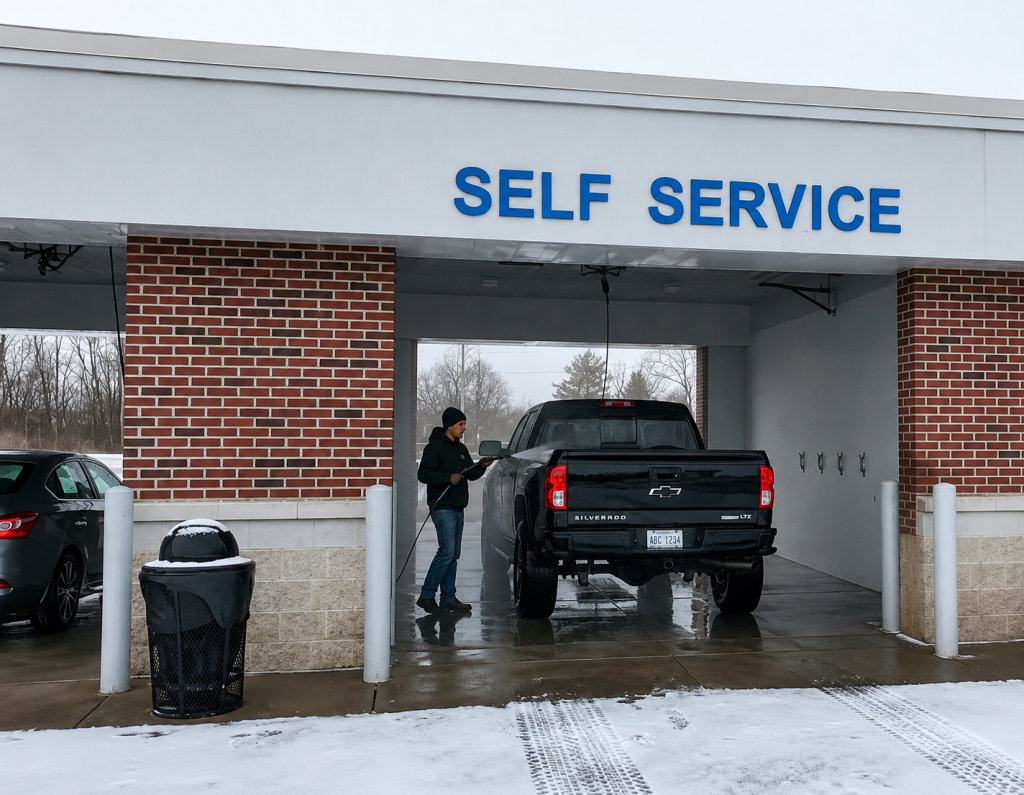 Self-service car wash with a person washing a pickup truck in winter.