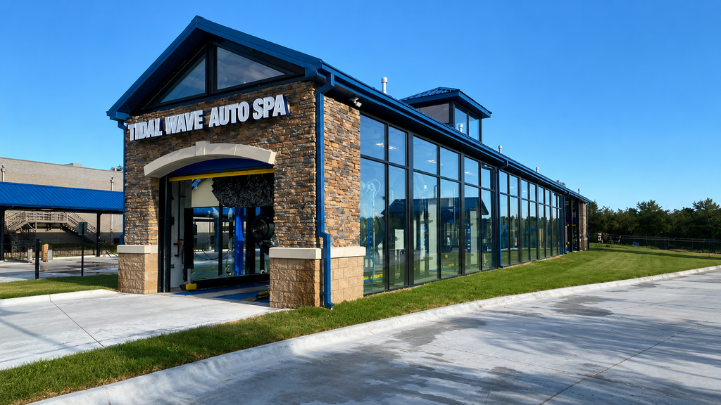 Tidal Wave Auto Spa exterior building with car wash equipment.