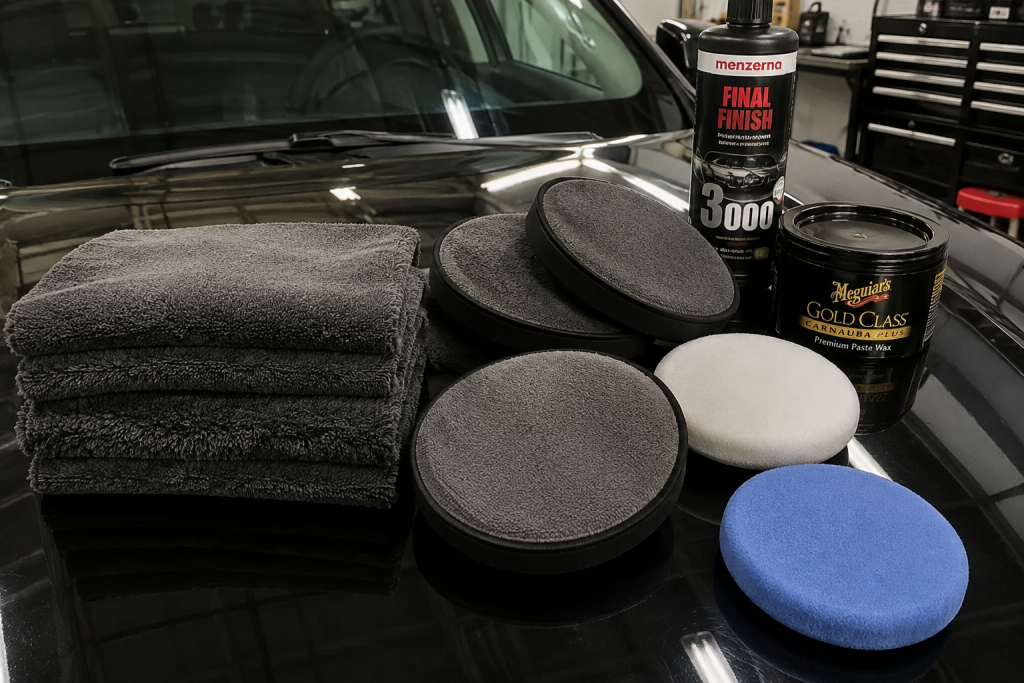 Car wax applicator pads and microfiber buffing towels on a car hood.