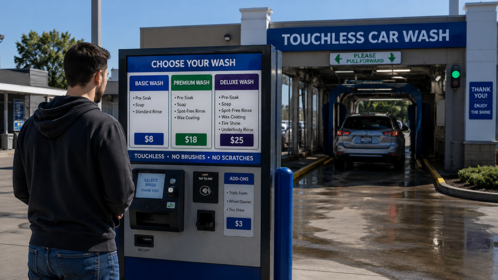 Touchless car wash station with wash package options.