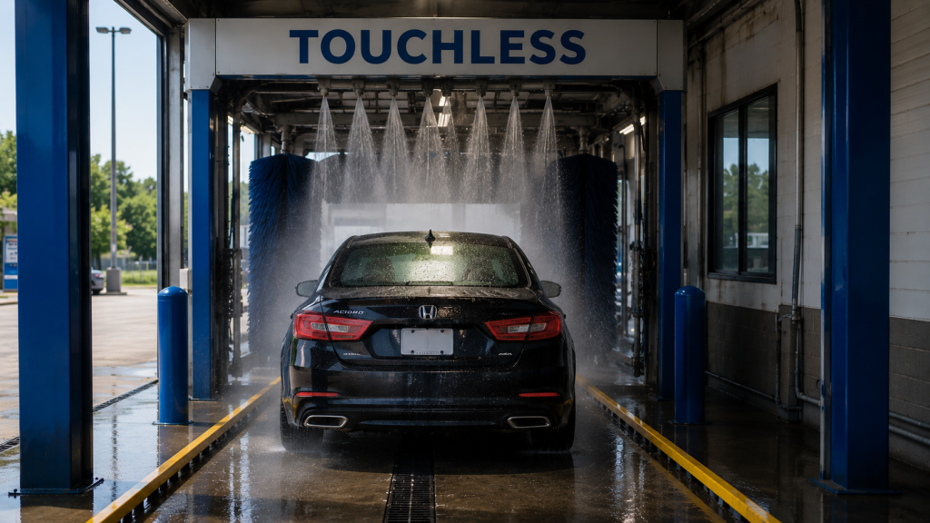 Black car receiving a touchless wash with high-pressure water jets.