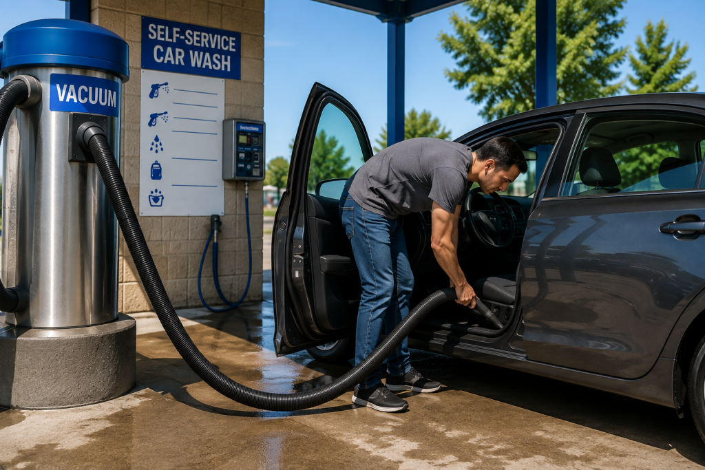 Man vacuuming a car interior at a self-service car wash.