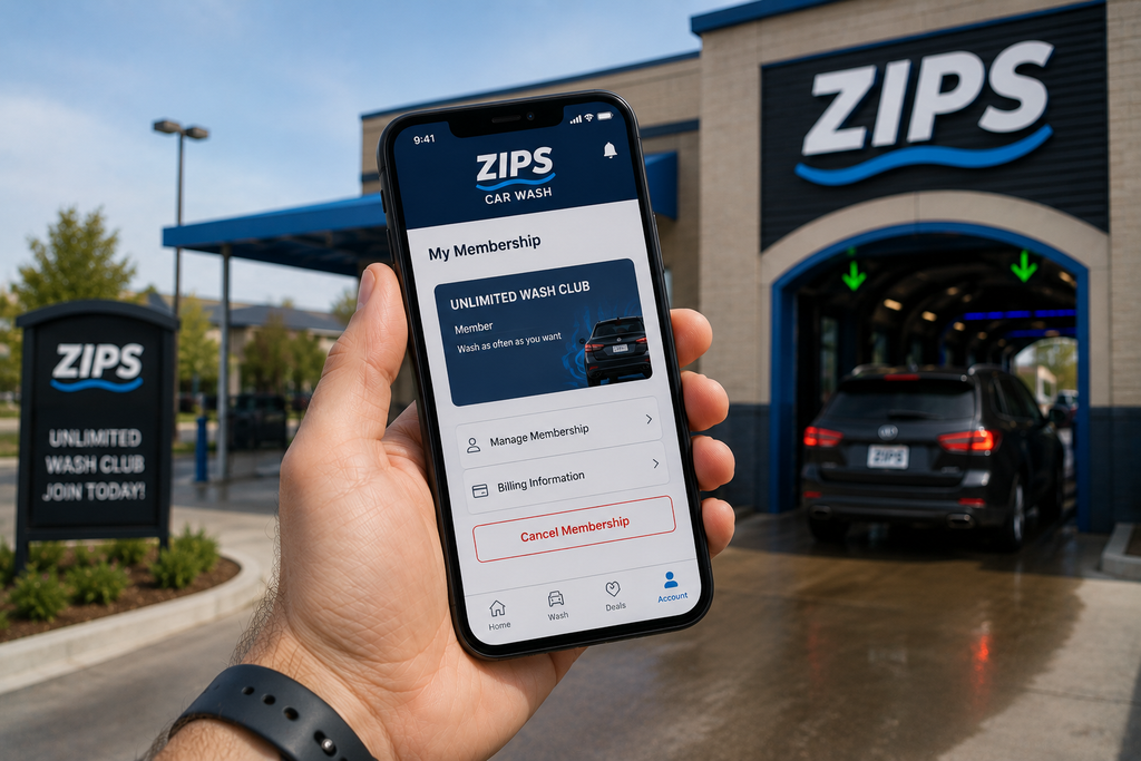 Person holding a phone showing the ZIPS membership cancellation screen.