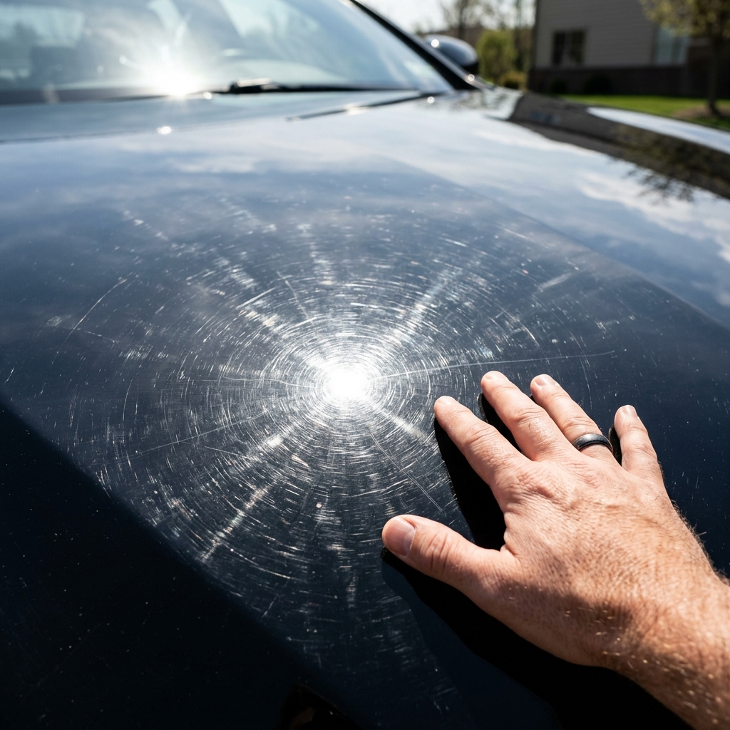 Close-up of a glossy black car hood showing visible swirl marks and light scratches under direct sunlight with a hand hovering near the surface.