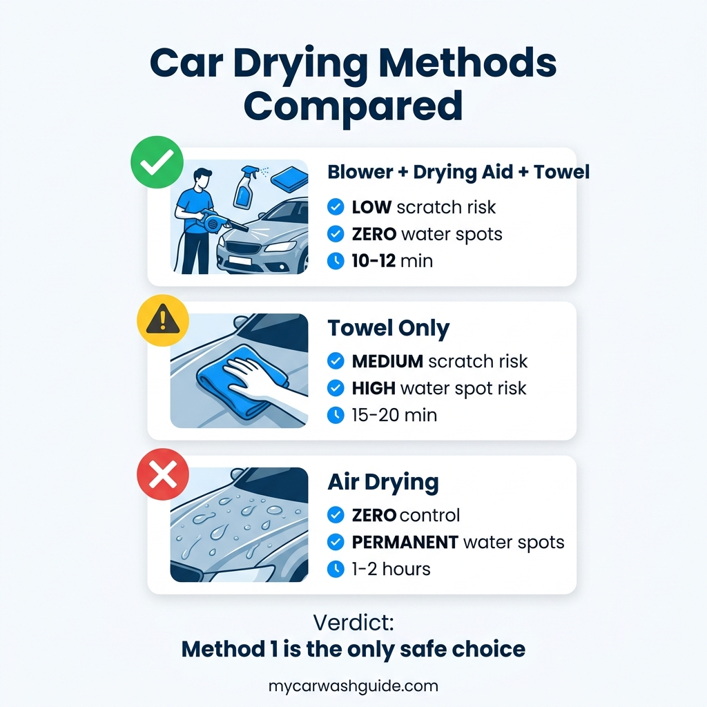 infographic comparing three car drying methods with safety ratings for swirl marks and water spots