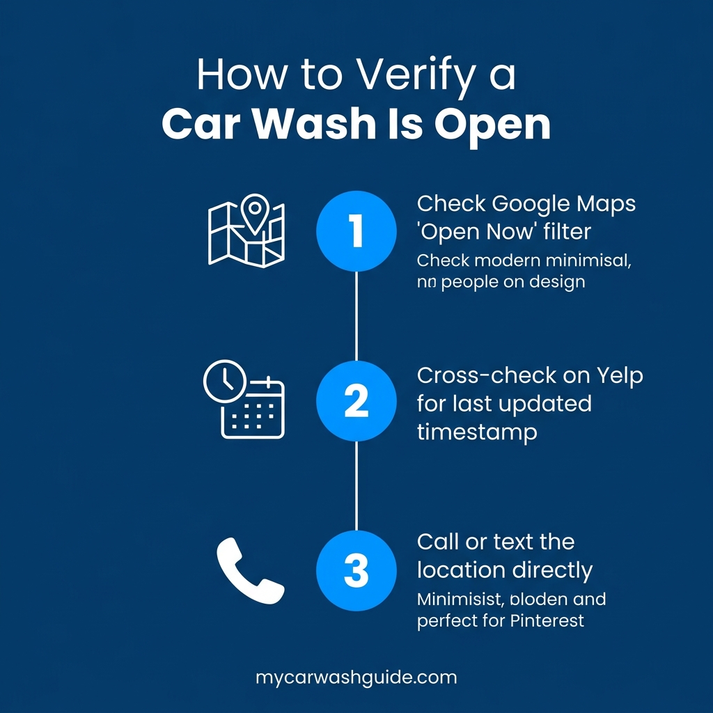 infographic showing three steps to verify a car wash is open before driving there