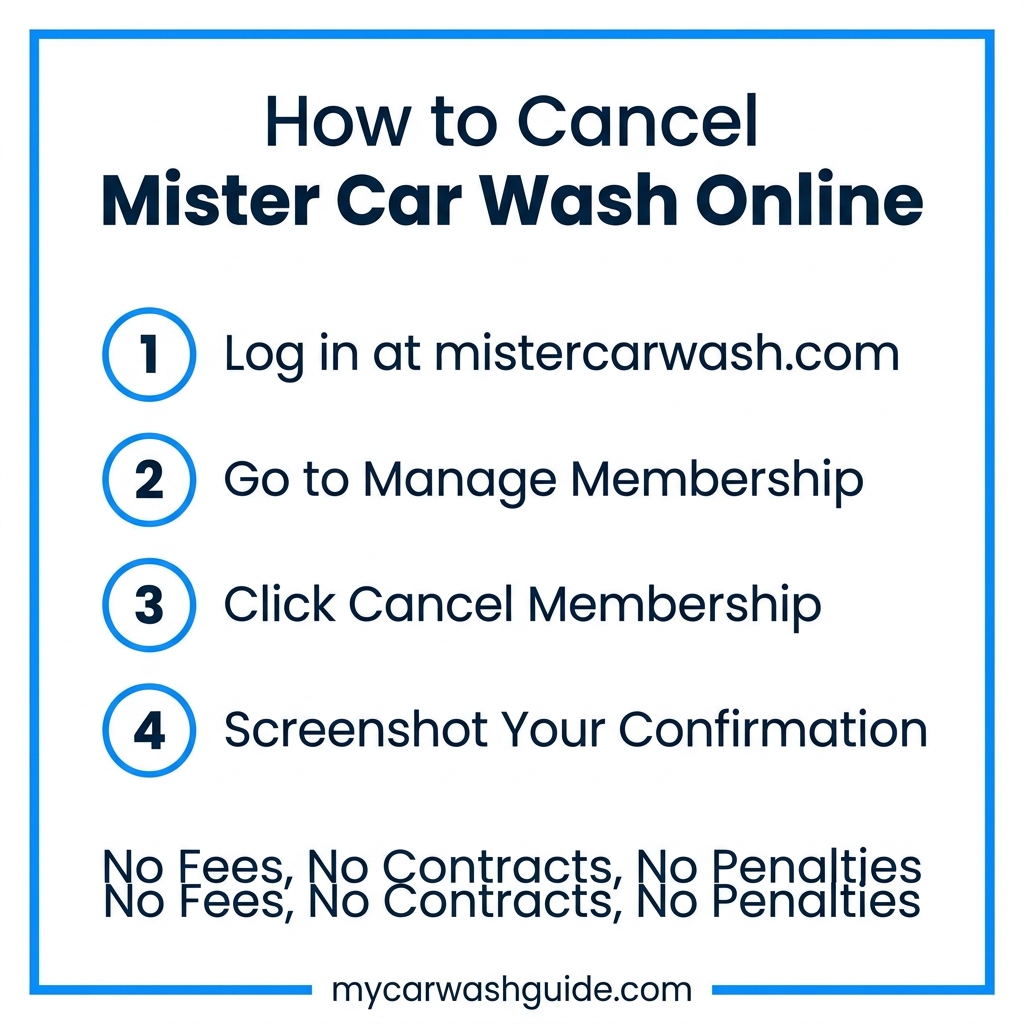 infographic showing four steps to cancel Mister Car Wash membership online through the member portal