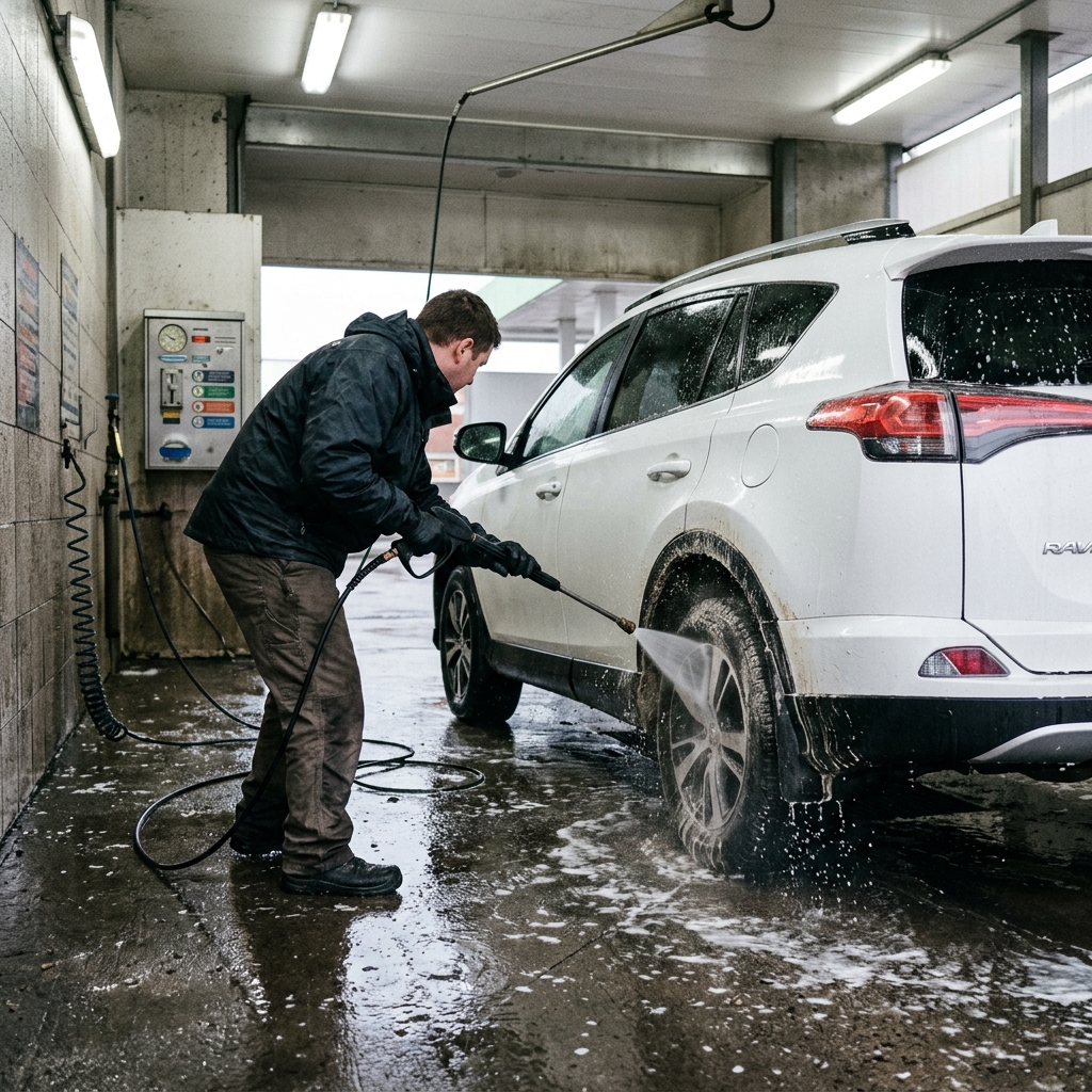 A person using a high-pressure wand to wash the wheel well of a white SUV at a self-service car wash bay with wet concrete floor and coin-operated machine on the wall.