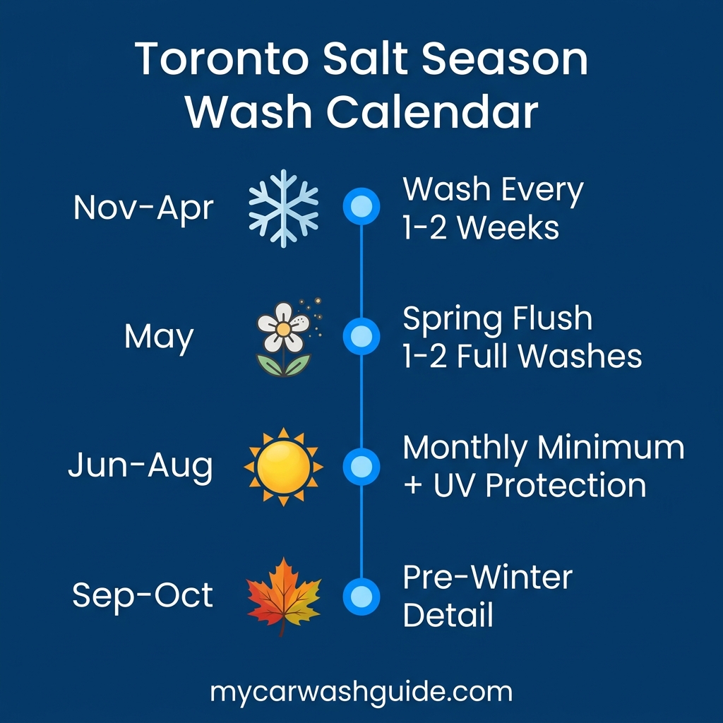 infographic showing the recommended car wash schedule for each season in Toronto from salt season through summer
