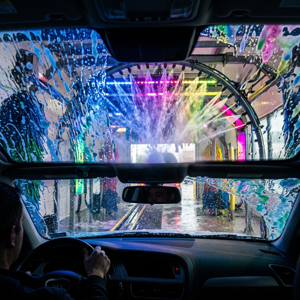 Inside a touchless car wash tunnel from the driver's perspective through the windshield with high-pressure water jets spraying and colorful LED lights.