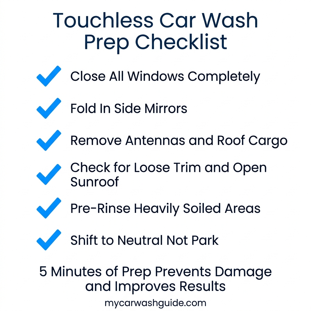 infographic showing a six step checklist for preparing your vehicle before entering a touchless car wash