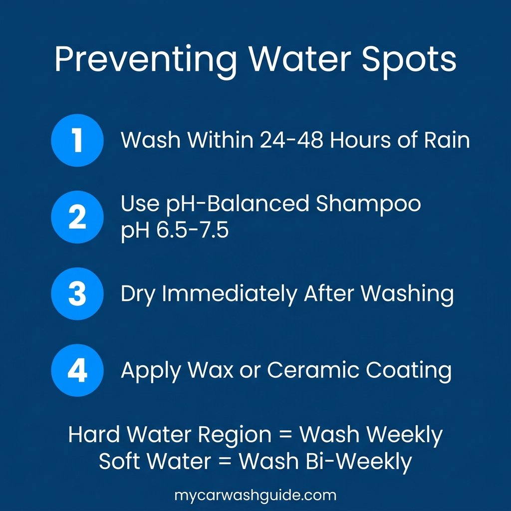 infographic showing four steps to prevent water spots including wash timing pH-balanced shampoo drying and wax application