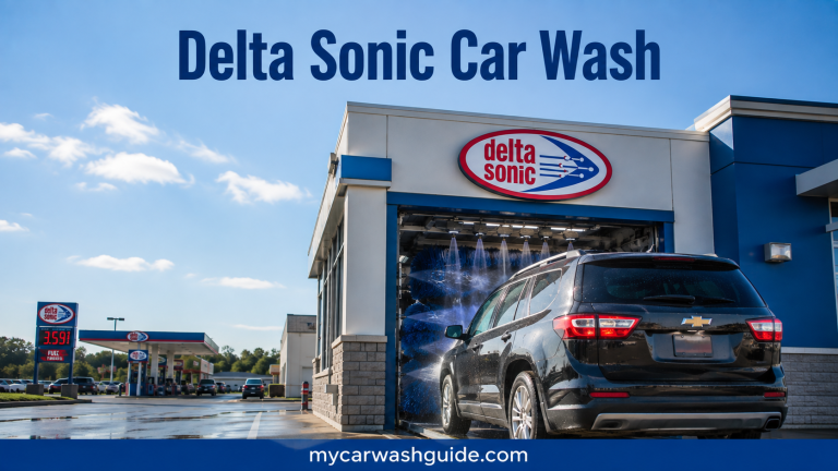 Delta Sonic car wash with a black SUV entering the wash tunnel and title above.