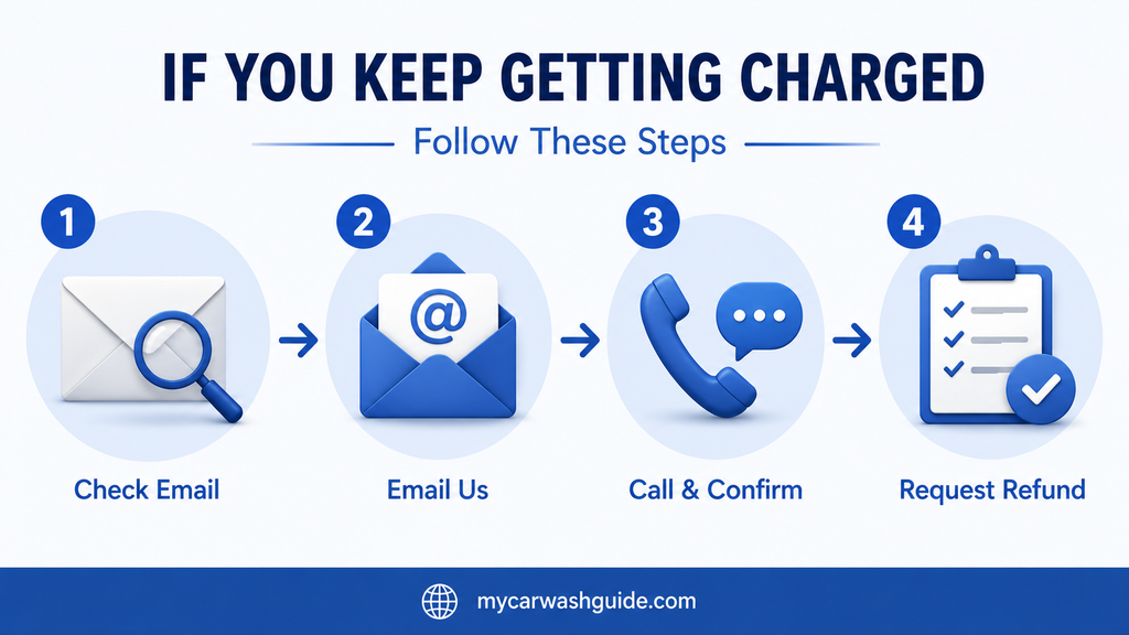 Four-step guide to stop recurring charges: check email, email support, call, and request a refund.