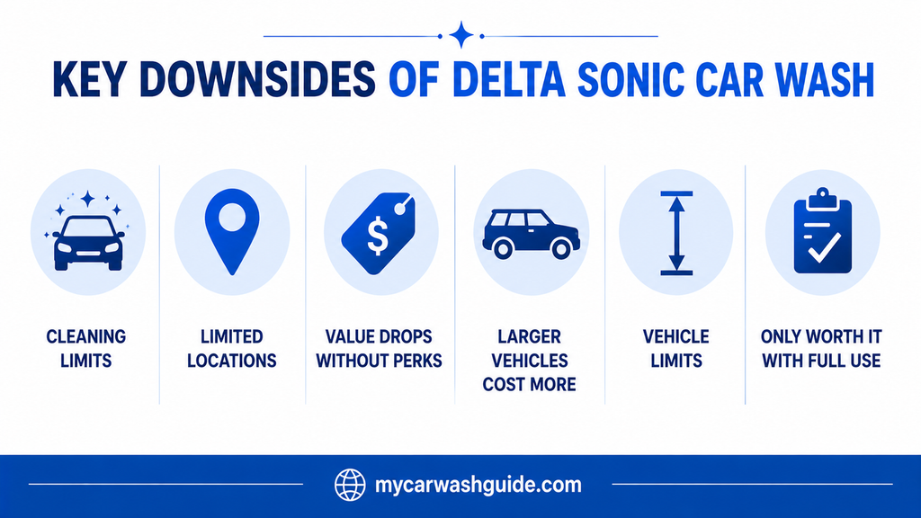 Key Delta Sonic car wash downsides infographic with six limitations.