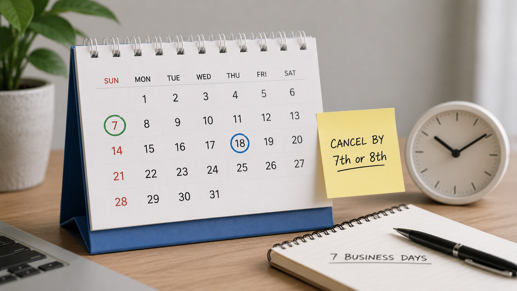 Calendar showing the billing date and cancellation deadline.