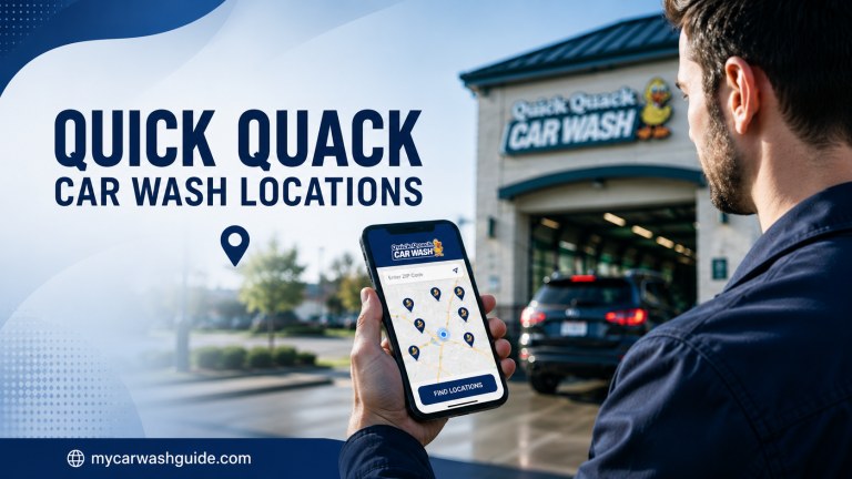 Quick Quack Car Wash locations with a smartphone map showing nearby wash locations.
