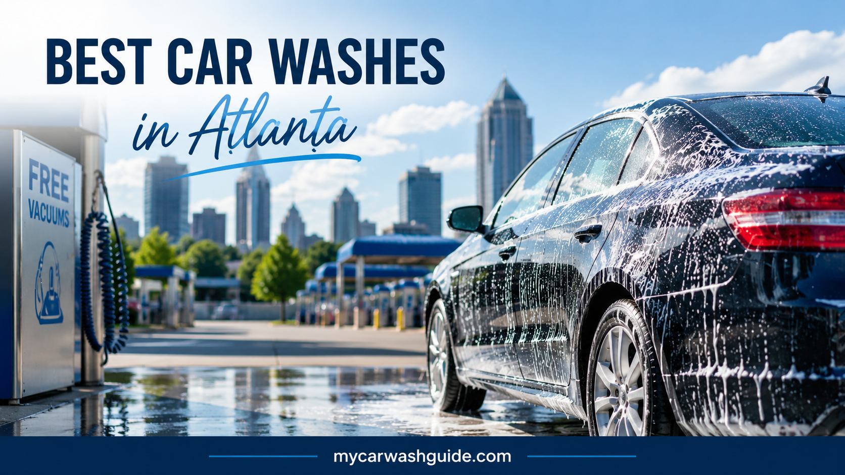 Best car washes in Atlanta with a clean car and city skyline.