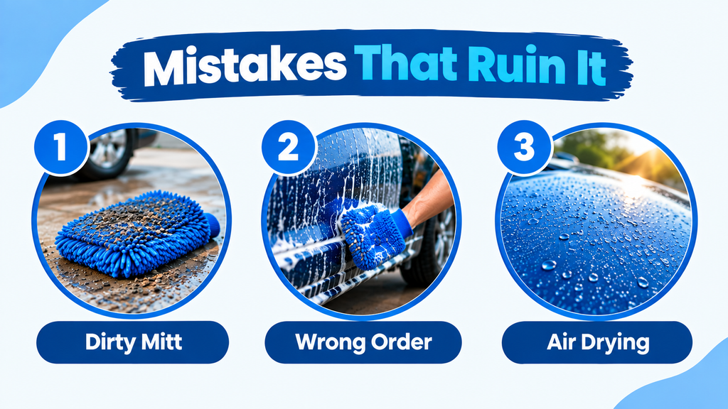 Three car-wash mistakes: dirty mitt, wrong washing order, and air drying.