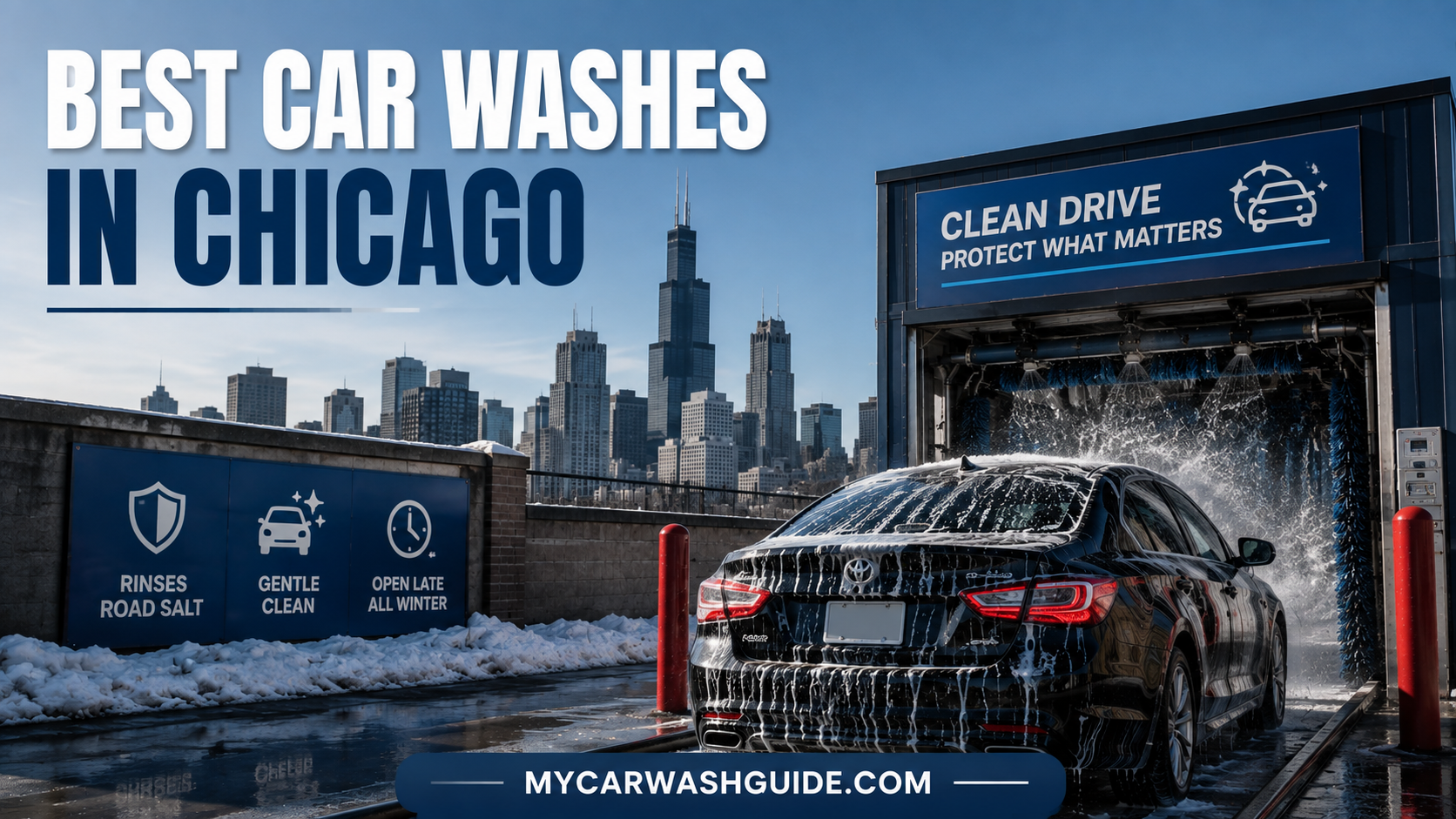 Chicago car wash with a clean sedan and snowy city skyline.
