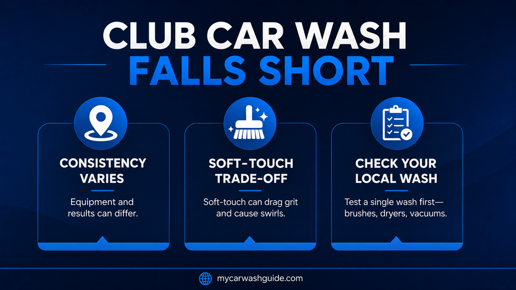 Club Car Wash infographic highlighting site consistency, soft-touch risks, and testing a local wash.