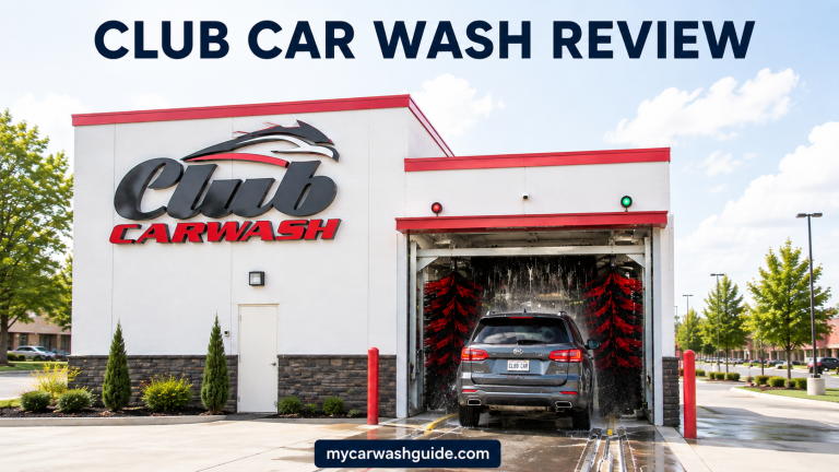 Club Car Wash exterior with a car in the wash tunnel, featuring the review title and website.
