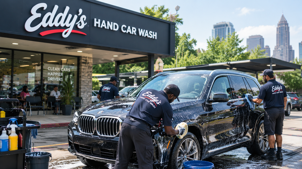 Eddy’s Hand Car Wash with workers washing a black BMW.