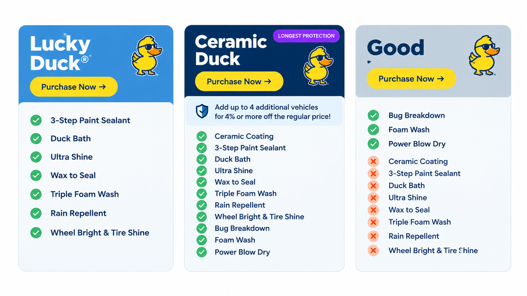 Three Quick Quack wash plan comparison cards.