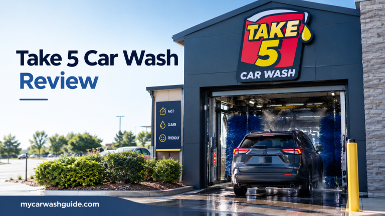 Take 5 Car Wash review featuring a car entering the wash tunnel.