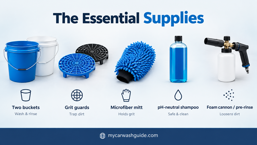 Two-bucket car wash supplies infographic.