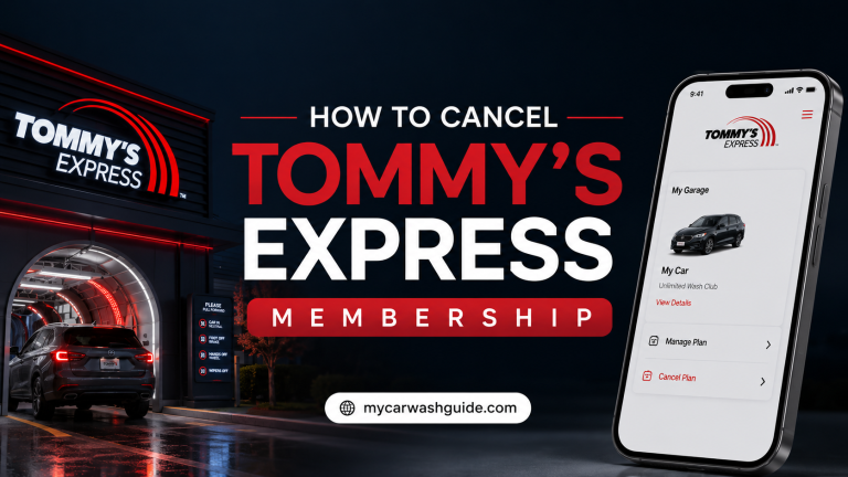 Tommy’s Express membership cancellation guide featured image with app and car wash.