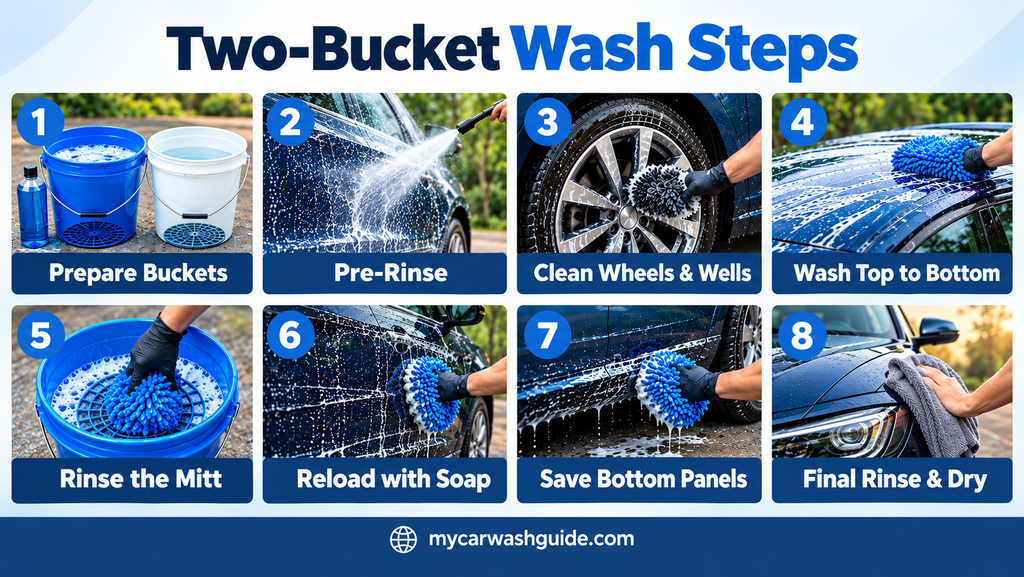 Two-bucket car wash steps infographic.