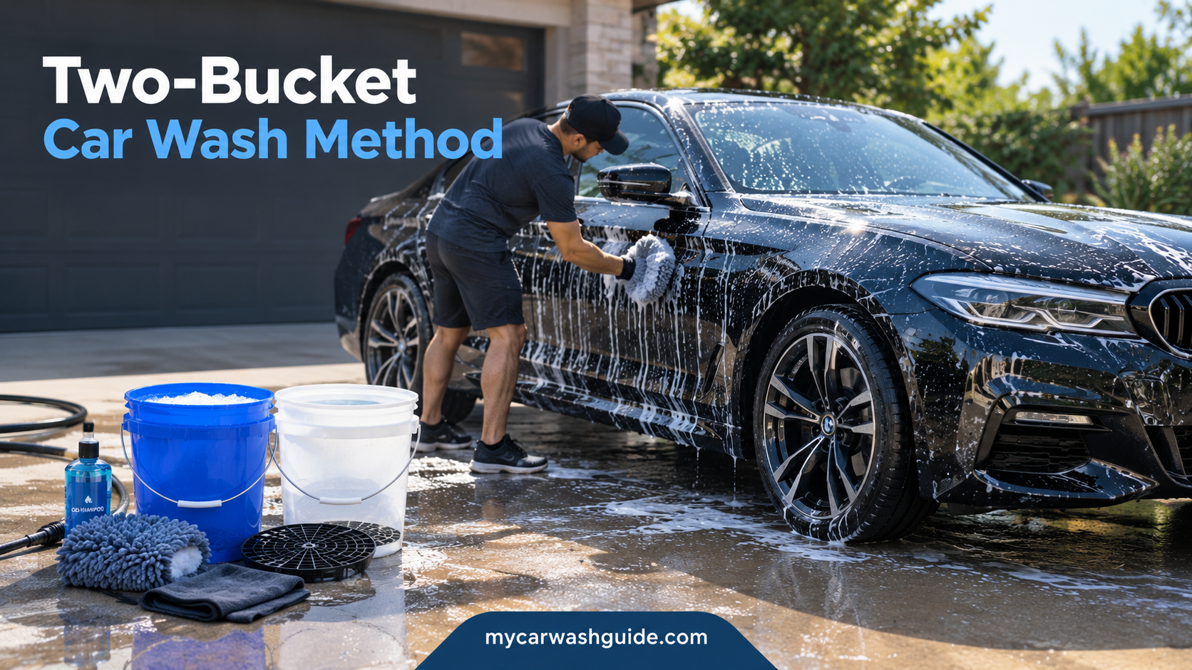 Two-bucket car wash with a person washing a car and cleaning supplies nearby.